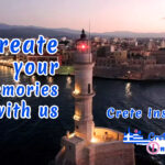 drone shot of the lighthouse of chania with the slogan of crete insiders "create your memories with us"